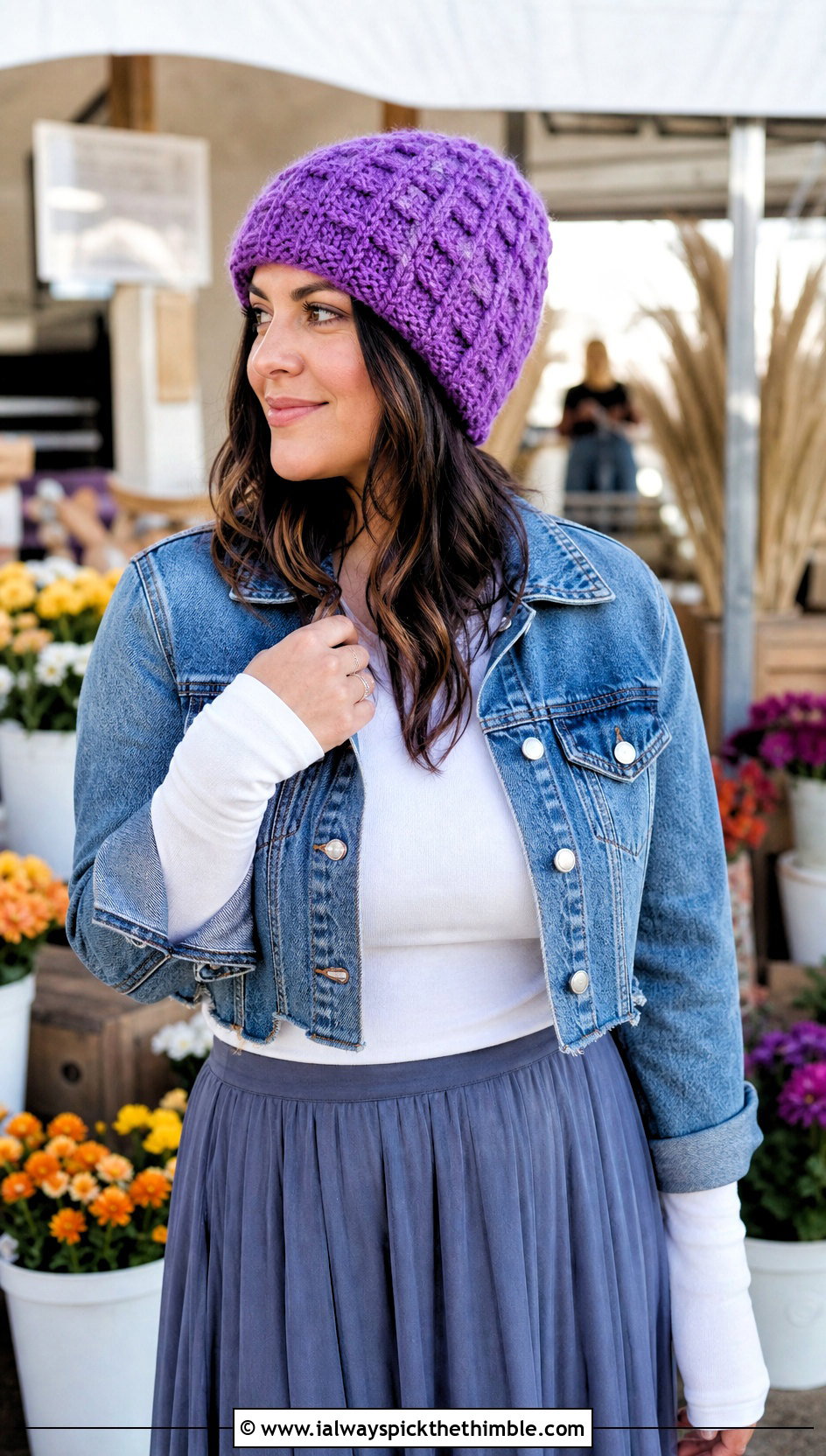 Waffle Stitch Crochet Chunky Beanie With Denim Jacket And Maxi Skirt - 25 crochet chunky beanie outfit ideas