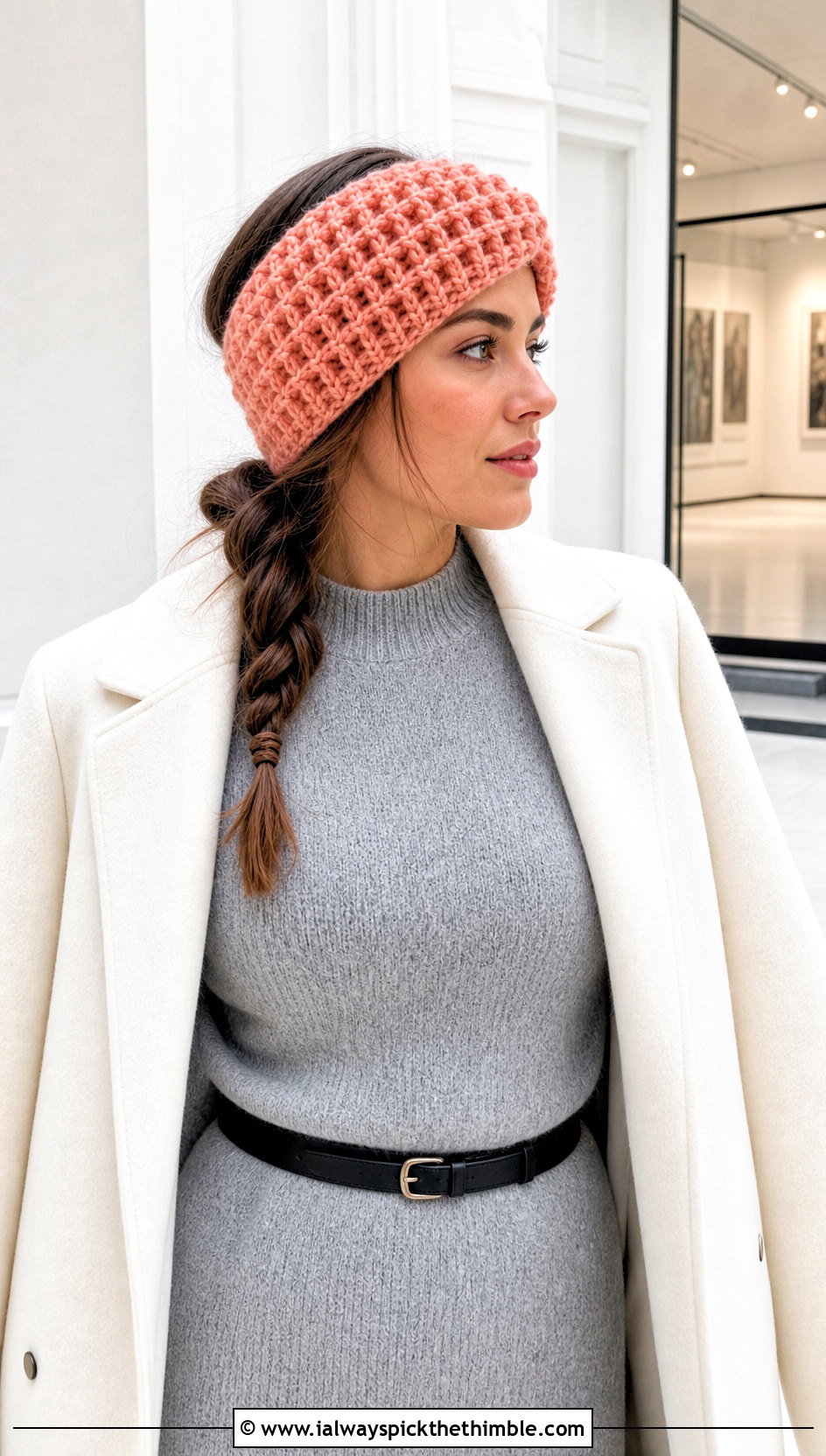 Waffle Stitch Crochet Chunky Ear Warmer With Sweater Dress - 20 Crochet Chunky Ear Warmer outfit ideas