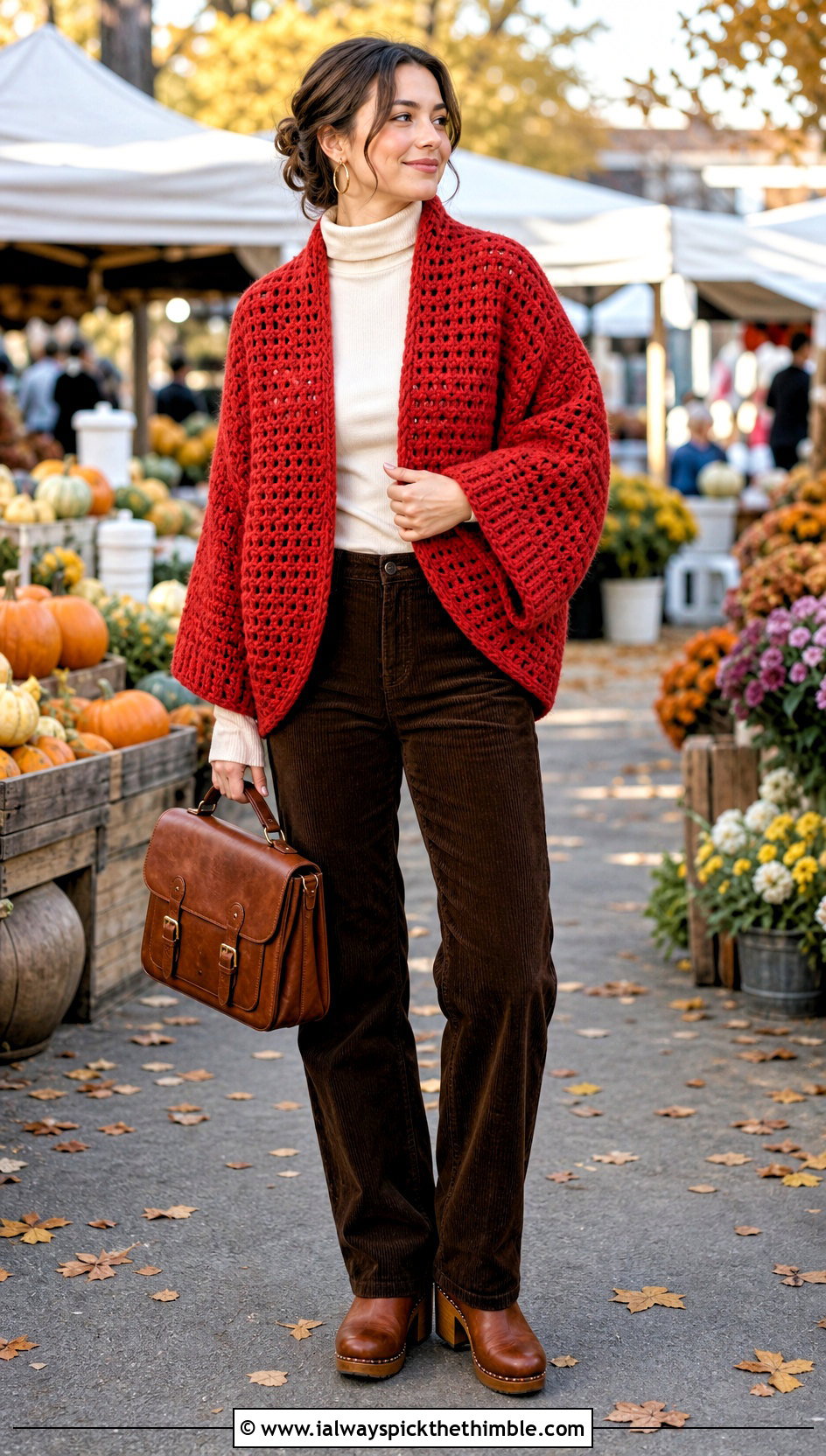 Waffle Stitch Crochet Cocoon Shrug With Corduroy Pants - 20 Easy Crochet Cocoon Shrug outfit ideas