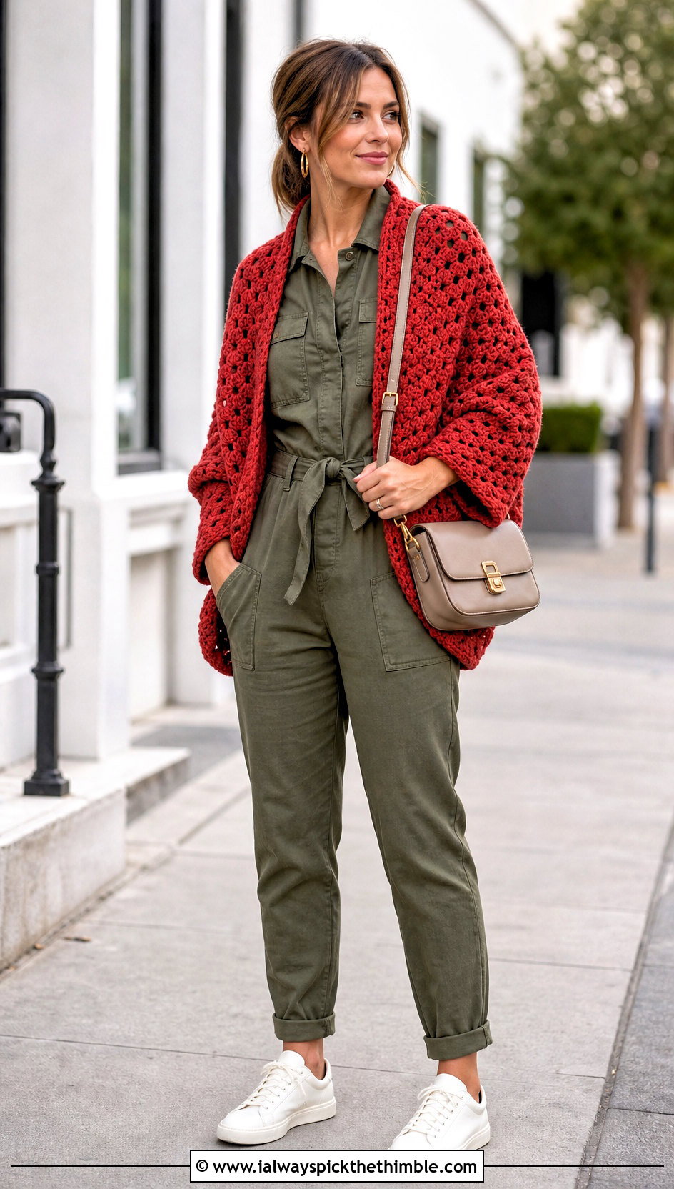 Waffle Stitch Crochet Cocoon Shrug With Utility Jumpsuit - 20 crochet cocoon shrug outfit ideas