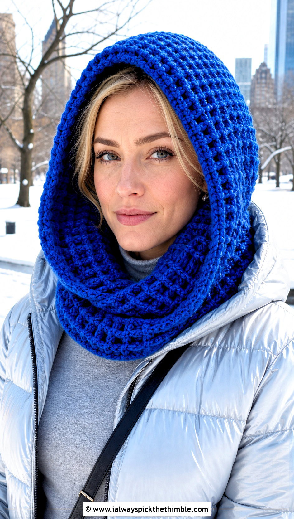 Waffle Stitch Crochet Cowl Hood With Puffer Jacket - 20 crochet cowl hood outfit ideas