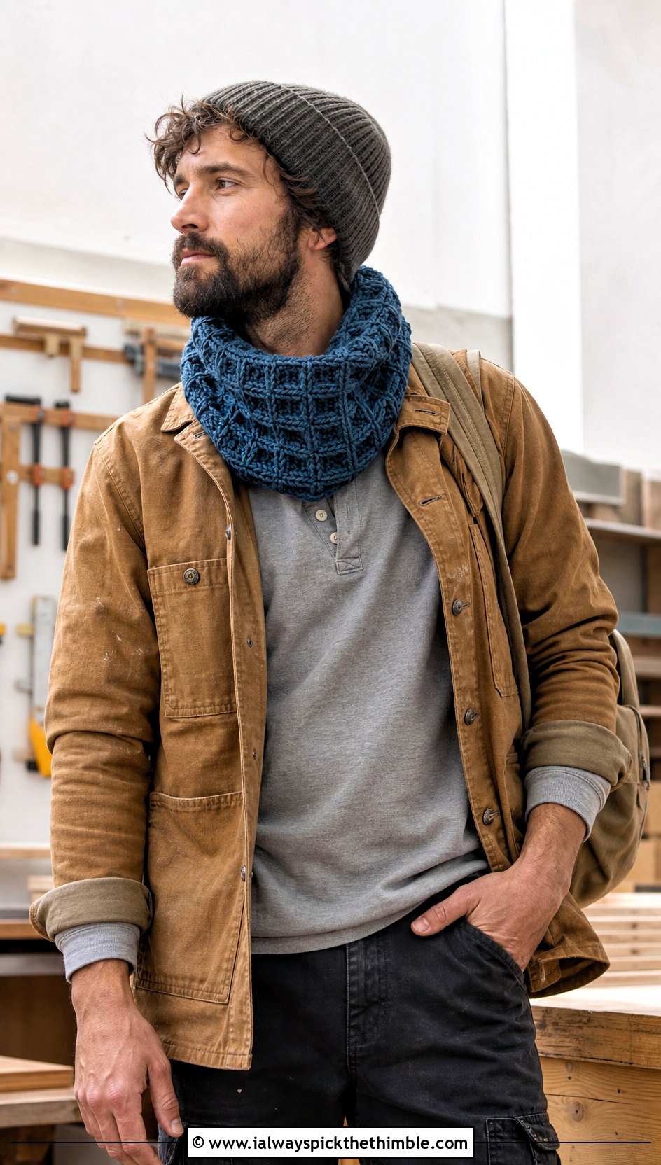 Waffle Stitch Crochet Cowl With Chore Coat - 20 Men Crochet Cowl outfit ideas