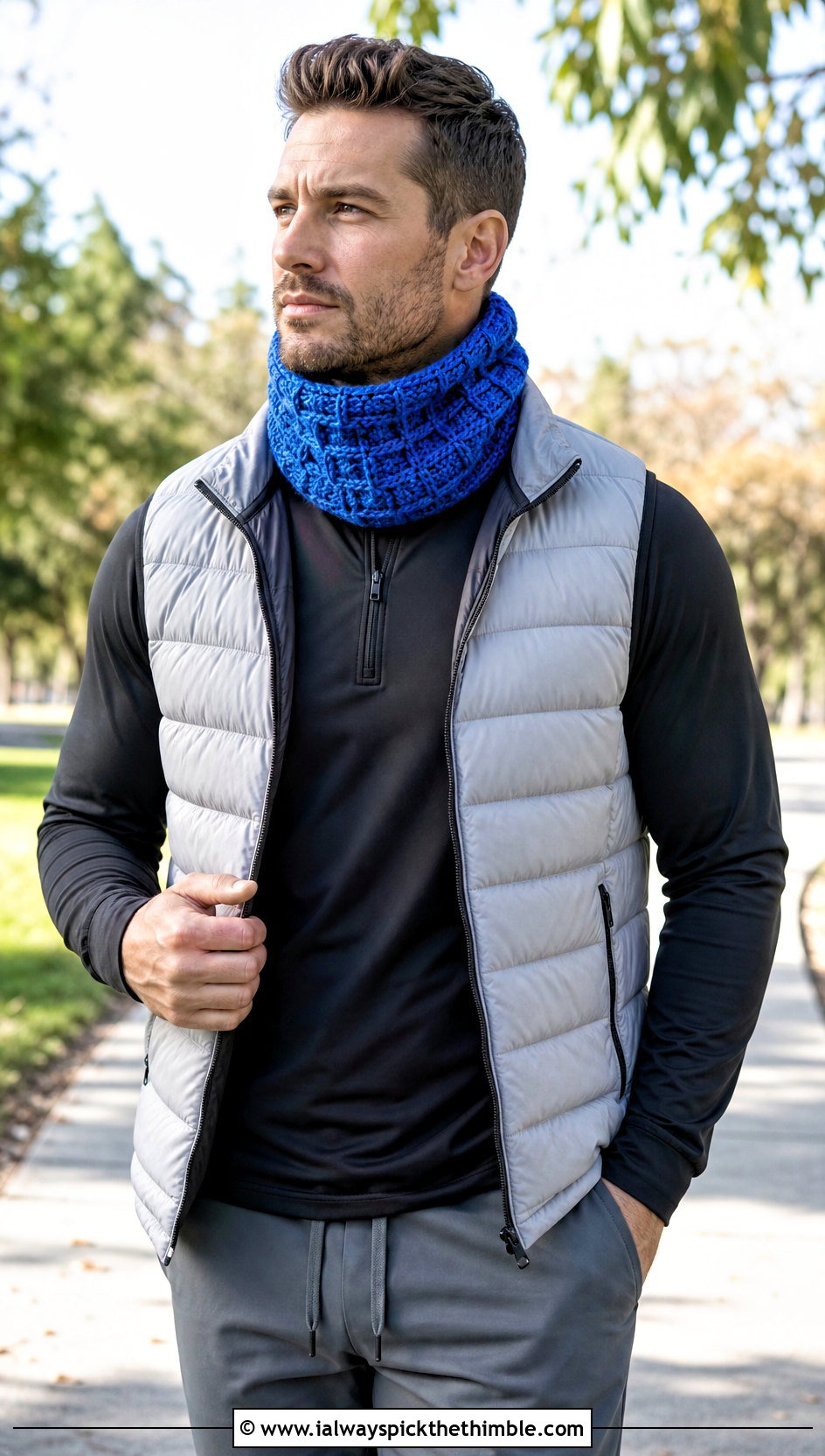 Waffle Stitch Crochet Cowl With Puffer Vest - 20 crochet cowl for men outfit ideas