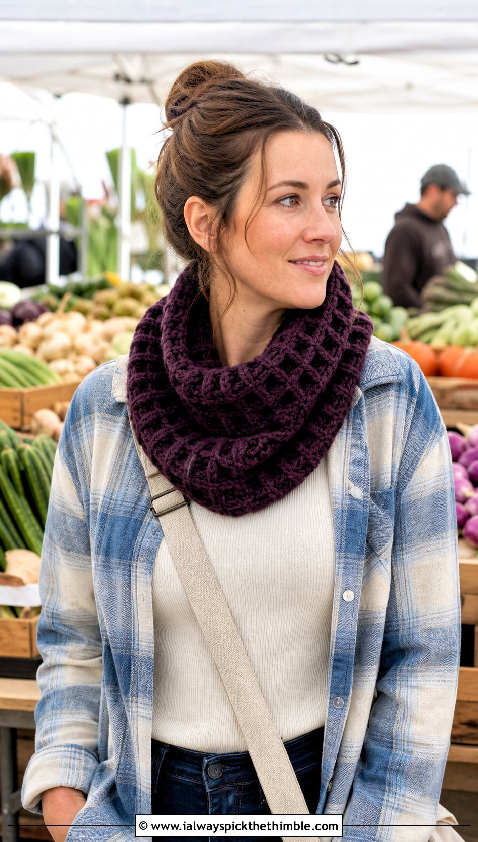 Waffle Stitch Crochet Cowl With Shacket - 25 crochet cowl outfit ideas