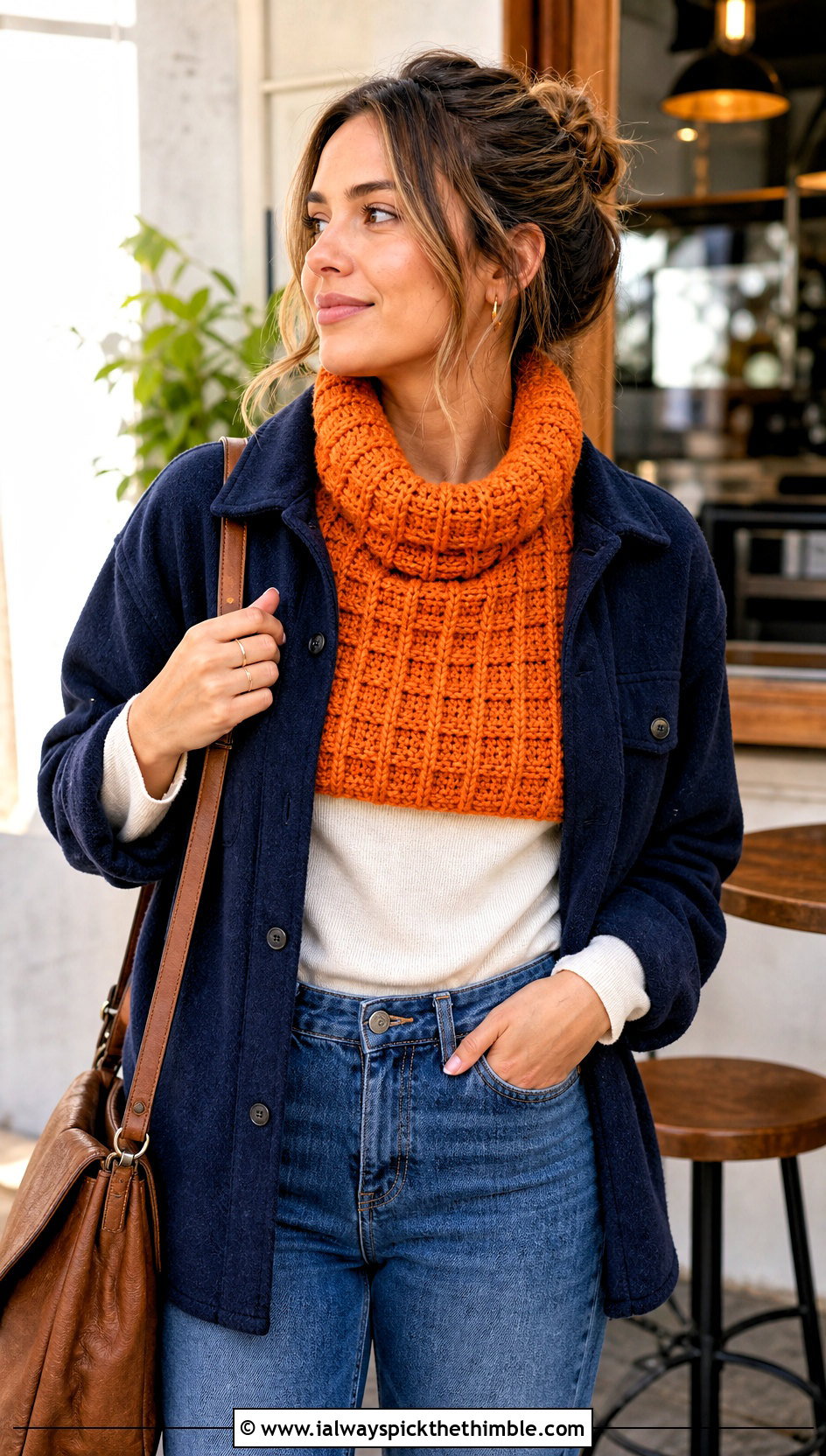 Waffle Stitch Crochet Cowl With Shacket - 25 crochet cowl neck warmer outfit ideas