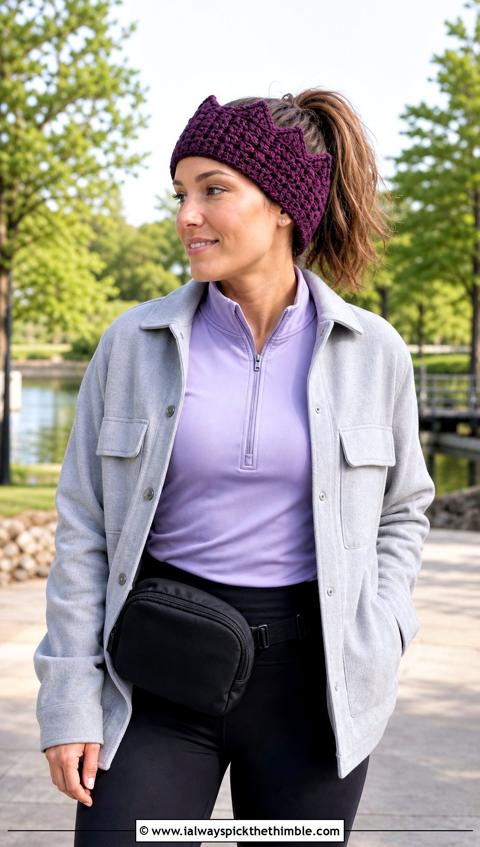 Waffle Stitch Crochet Crown Ear Warmer With Shacket And Leggings - 20 crochet crown ear warmer outfit ideas