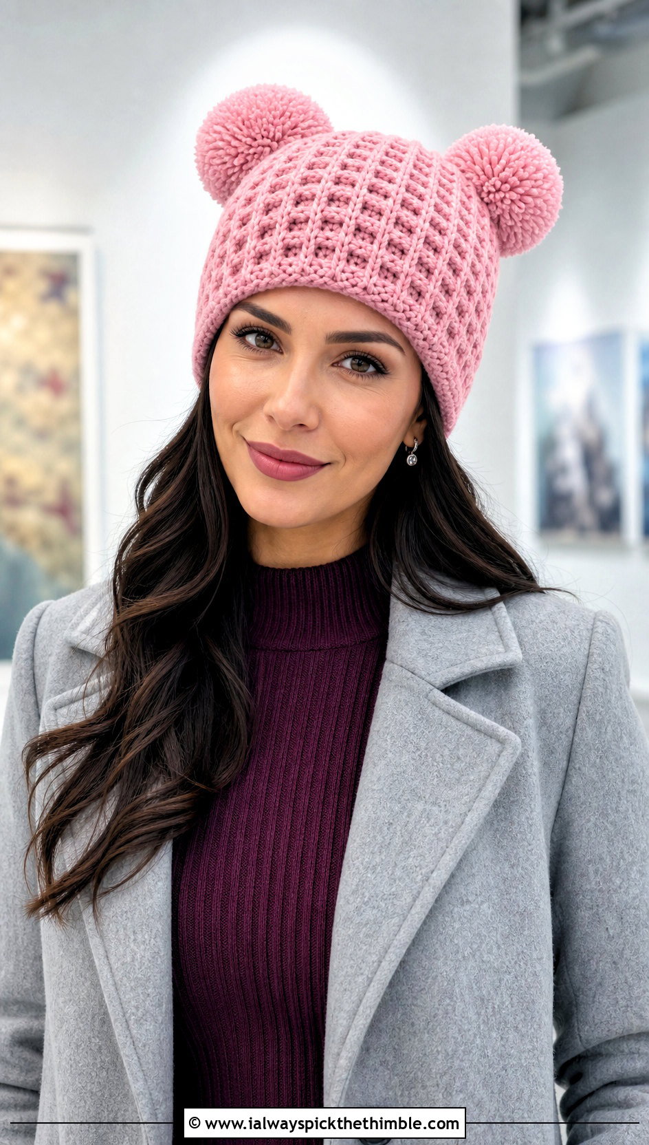 Waffle Stitch Crochet Double Pom Pom Beanie With Sweater Dress - 20 Crochet Hat With Two Pom Poms outfit ideas