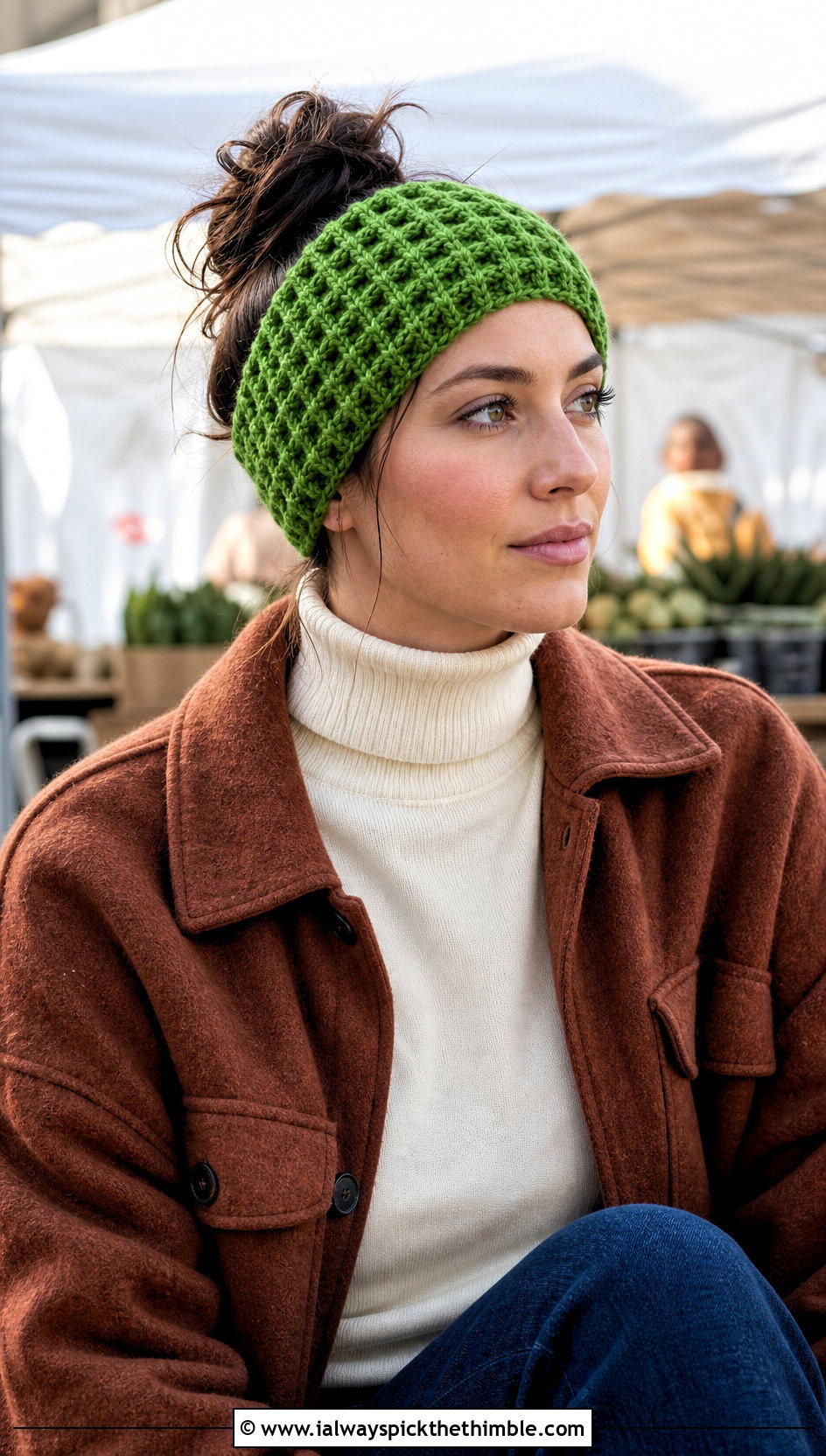 Waffle Stitch Crochet Ear Headband With Shacket And Jeans - 20 crochet ear headband outfit ideas