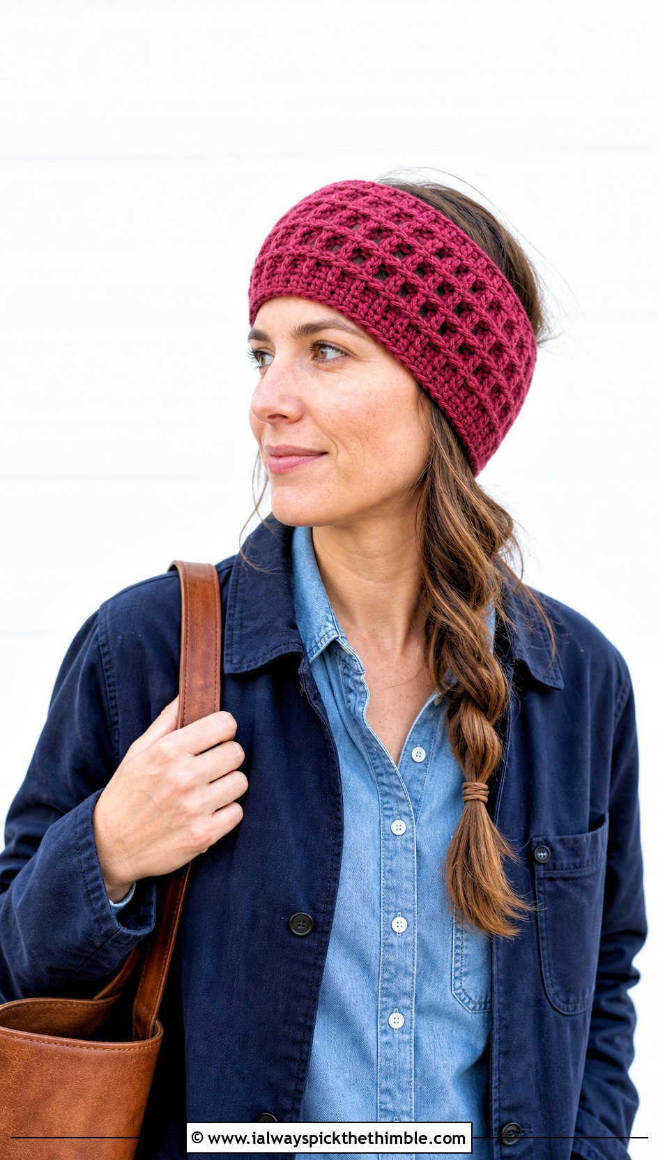 Waffle Stitch Crochet Ear Warmer With Chore Coat - 25 Easy Crochet Ear Warmer outfit ideas