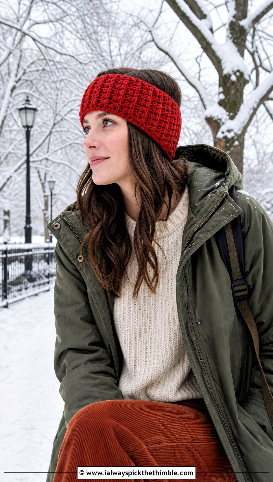 Waffle Stitch Crochet Ear Warmer With Parka and Corduroy Pants - 20 Simple Crochet Ear Warmer outfit ideas