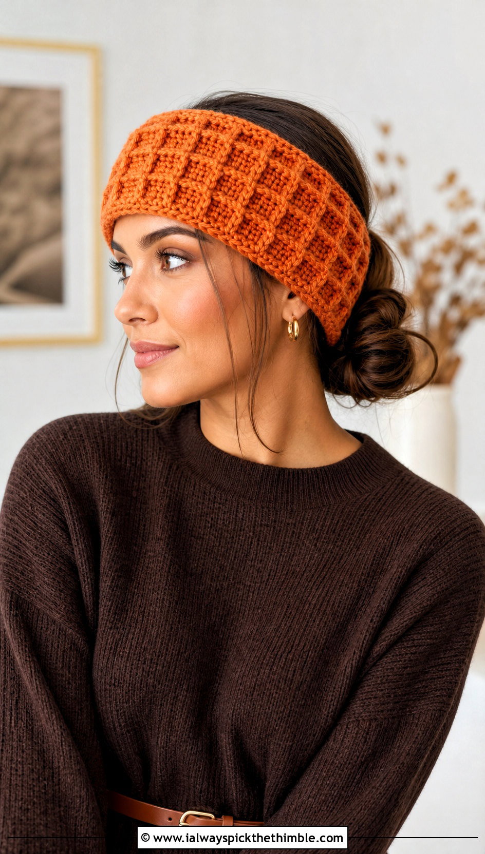 Waffle Stitch Crochet Ear Warmer With Sweater Dress - 20 Crochet Headband Ear Warmer outfit ideas