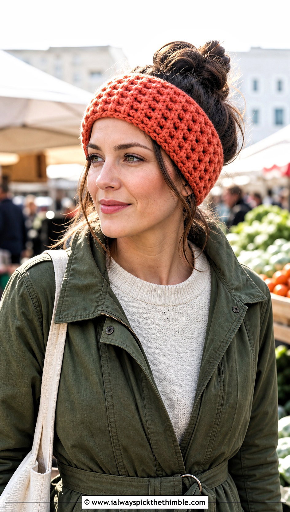 Waffle Stitch Crochet Ear Warmer With Utility Jacket - 20 Diy Crochet Headband Ear Warmers outfit ideas