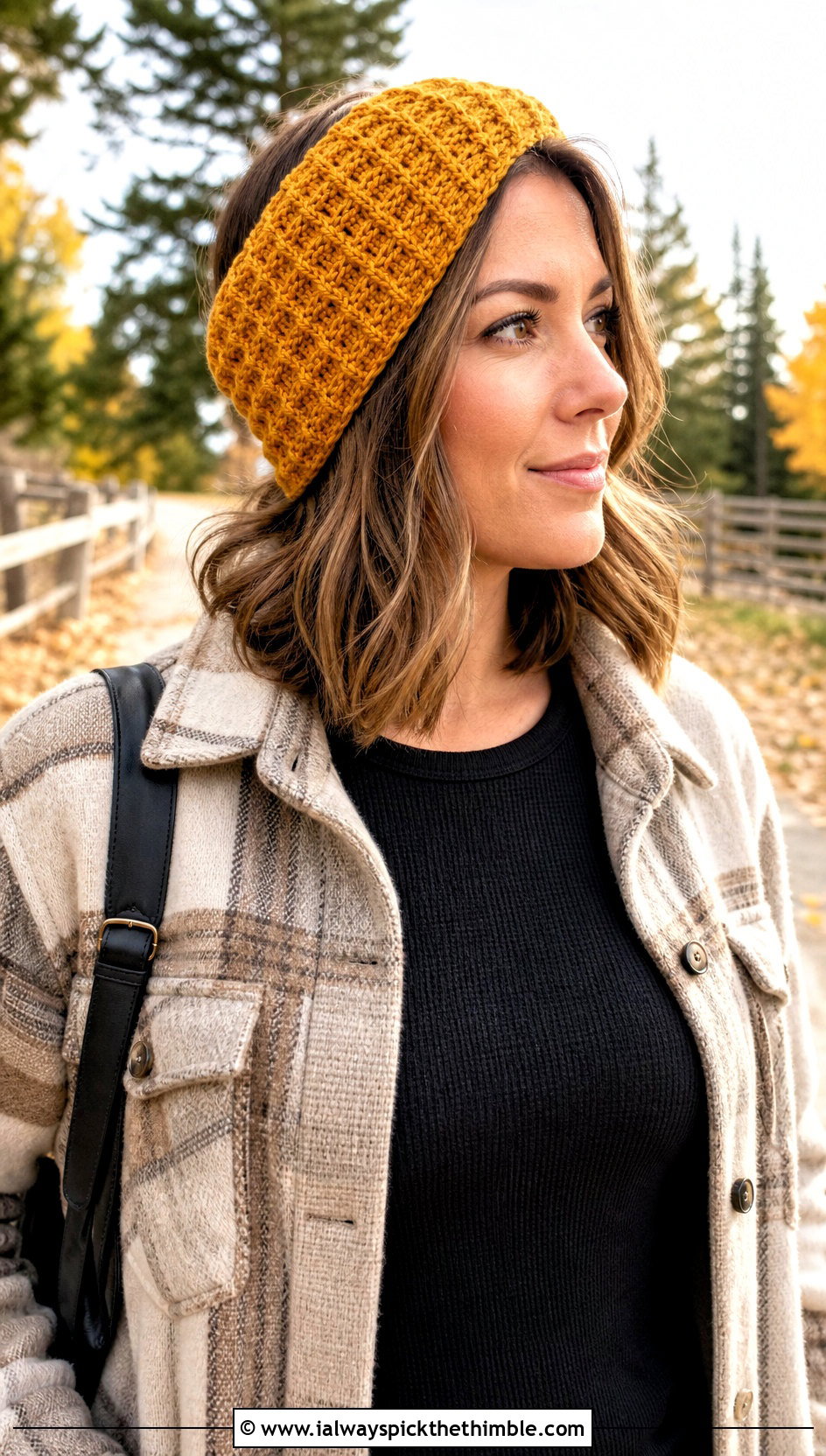 Waffle Stitch Crochet Ear Wrap With Shacket - 20 crochet ear wrap outfit ideas