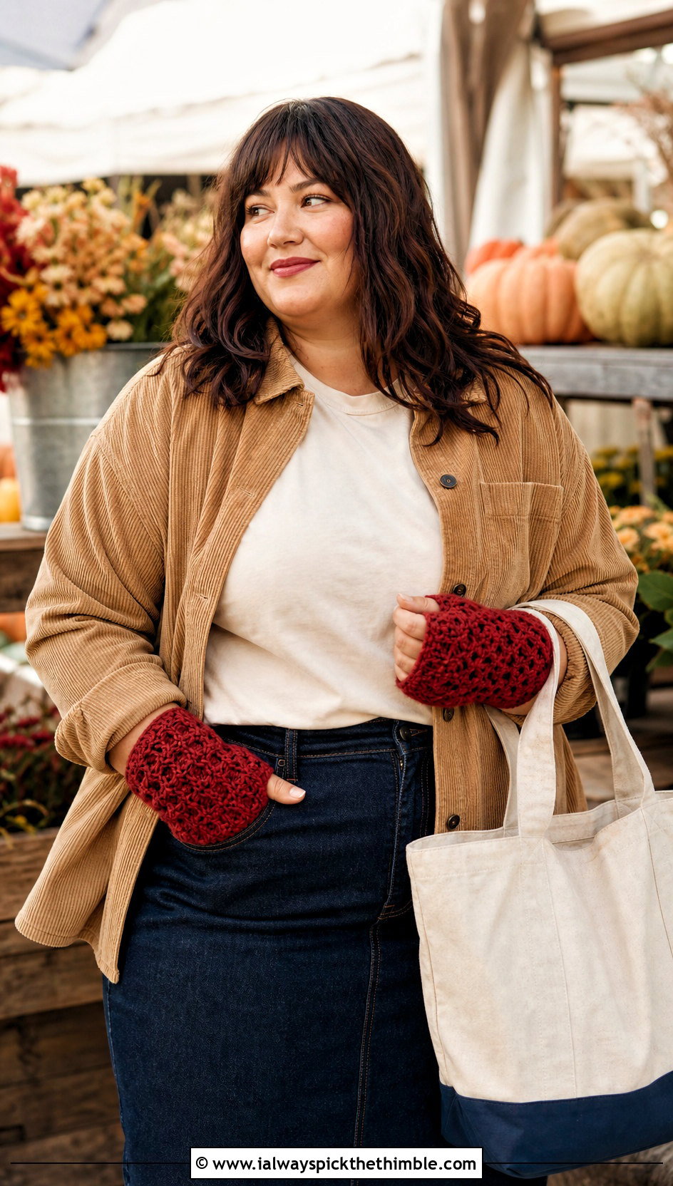 Waffle Stitch Crochet Fingerless Gloves With Corduroy Overshirt - 20 Simple Crochet Fingerless Gloves outfit ideas