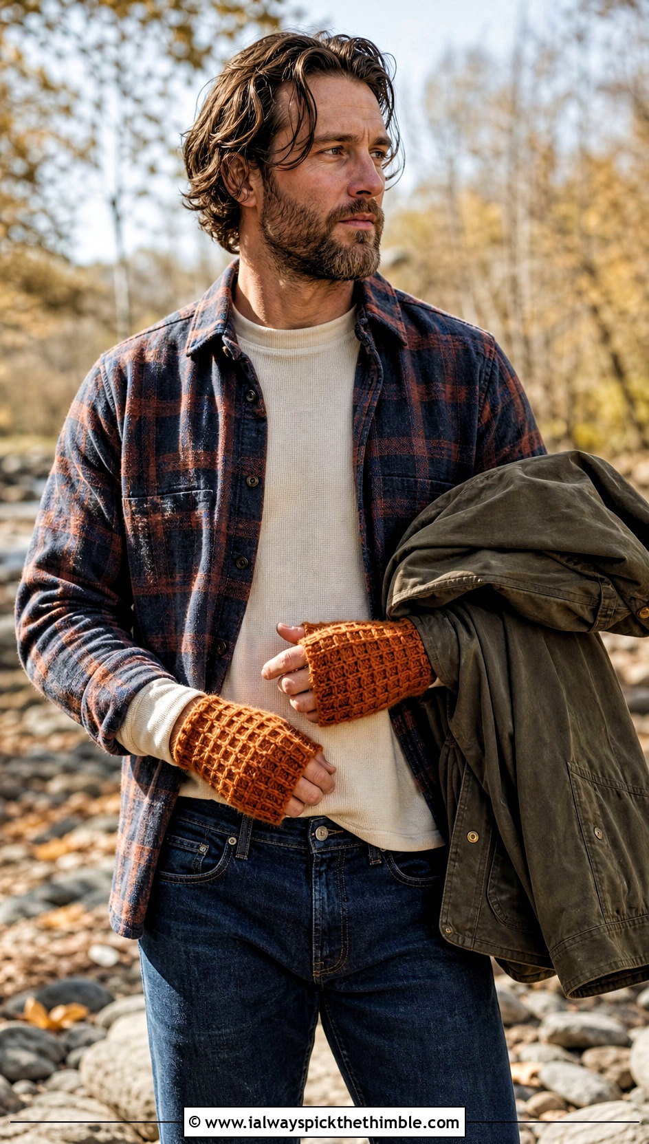 Waffle Stitch Crochet Fingerless Gloves With Flannel Shirt - 20 Crochet Mens Fingerless Gloves outfit ideas