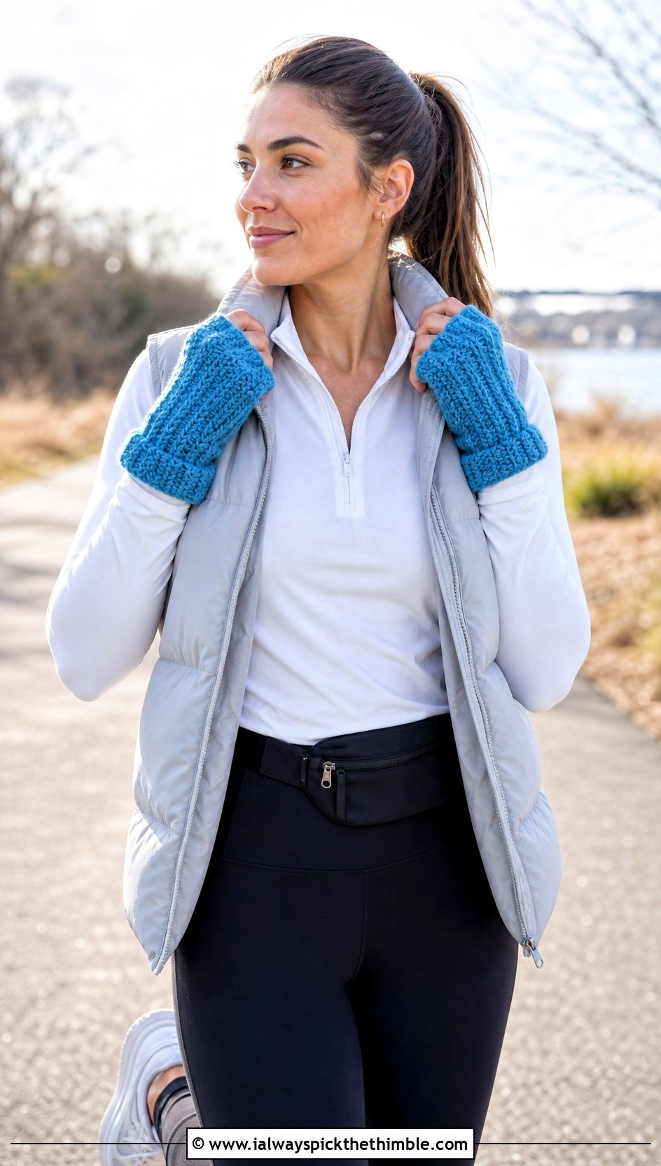 Waffle Stitch Crochet Fingerless Gloves With Puffer Vest And Leggings - 20 Diy Crochet Fingerless Gloves outfit ideas