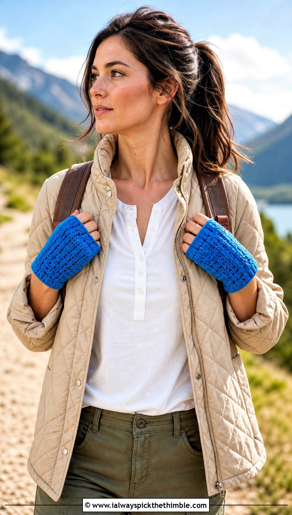 Waffle Stitch Crochet Fingerless Gloves With Quilted Jacket - 25 easy crochet fingerless gloves outfit ideas