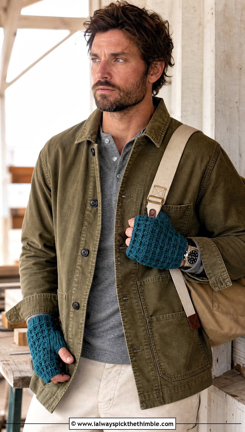 Waffle Stitch Crochet Fingerless Mitts With Chore Coat - 25 crochet gloves for men outfit ideas