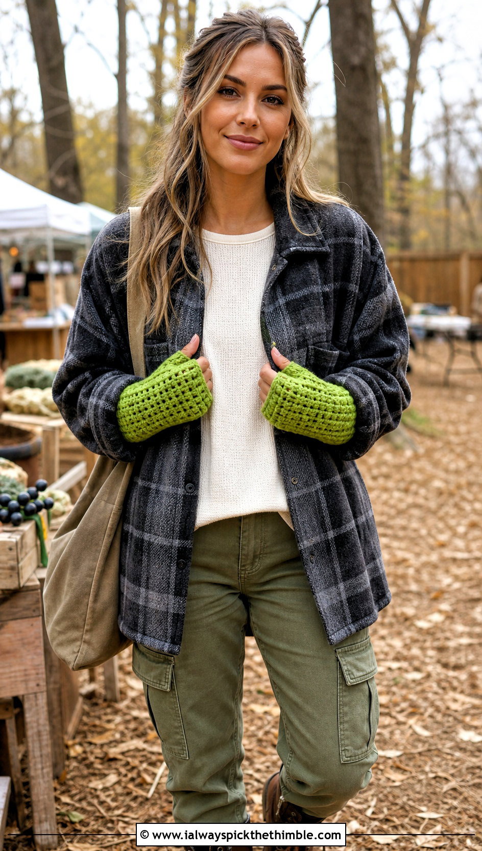 Waffle Stitch Crochet Fingerless Mitts With Shacket And Cargo Pants - 20 Crochet Fingerless Mitts outfit ideas