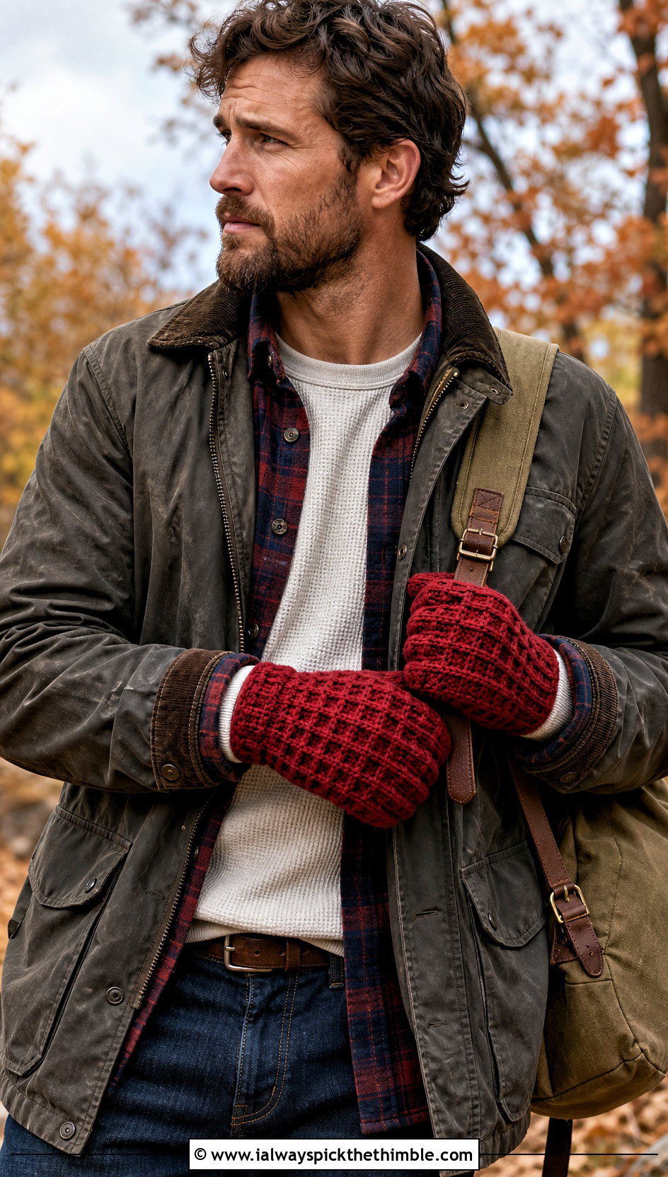 Waffle Stitch Crochet Gloves With Flannel Shirt - 25 men crochet gloves outfit ideas