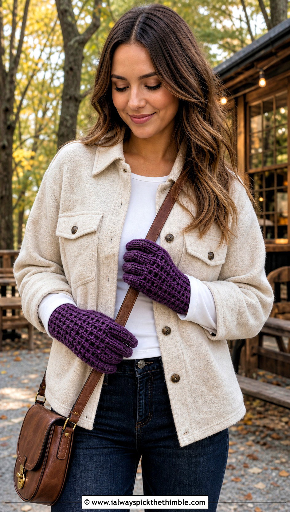 Waffle Stitch Crochet Gloves With Shacket And Jeans - 25 crochet gloves outfit ideas