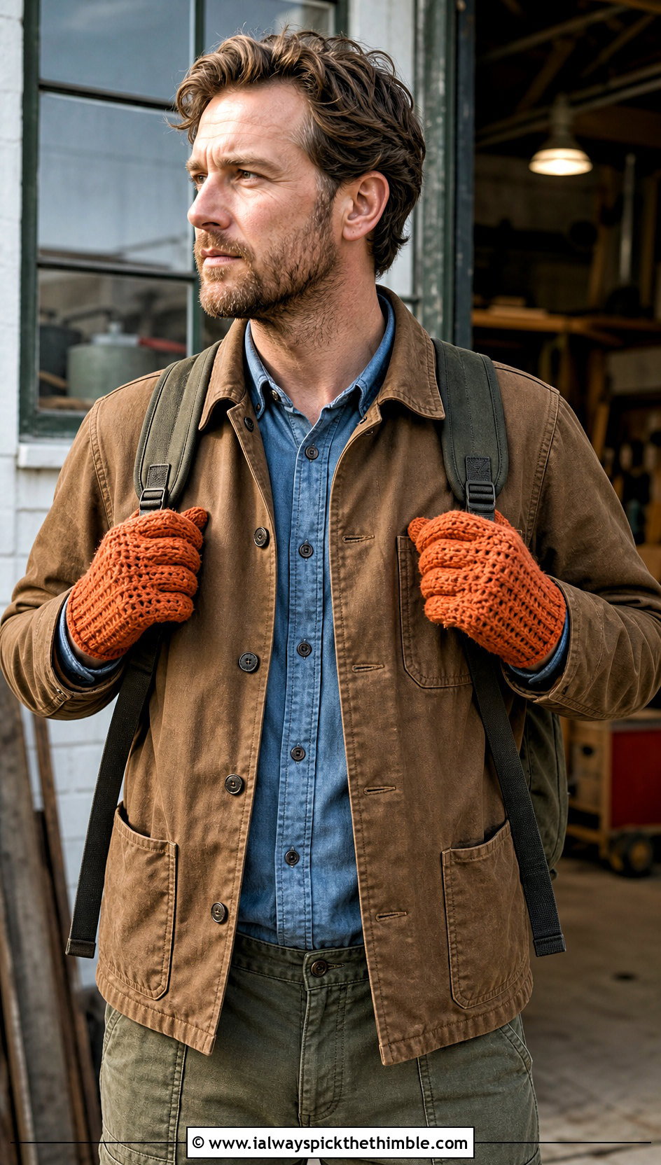 Waffle Stitch Crochet Gloves With Workwear Jacket - 20 Crochet Mens Gloves outfit ideas