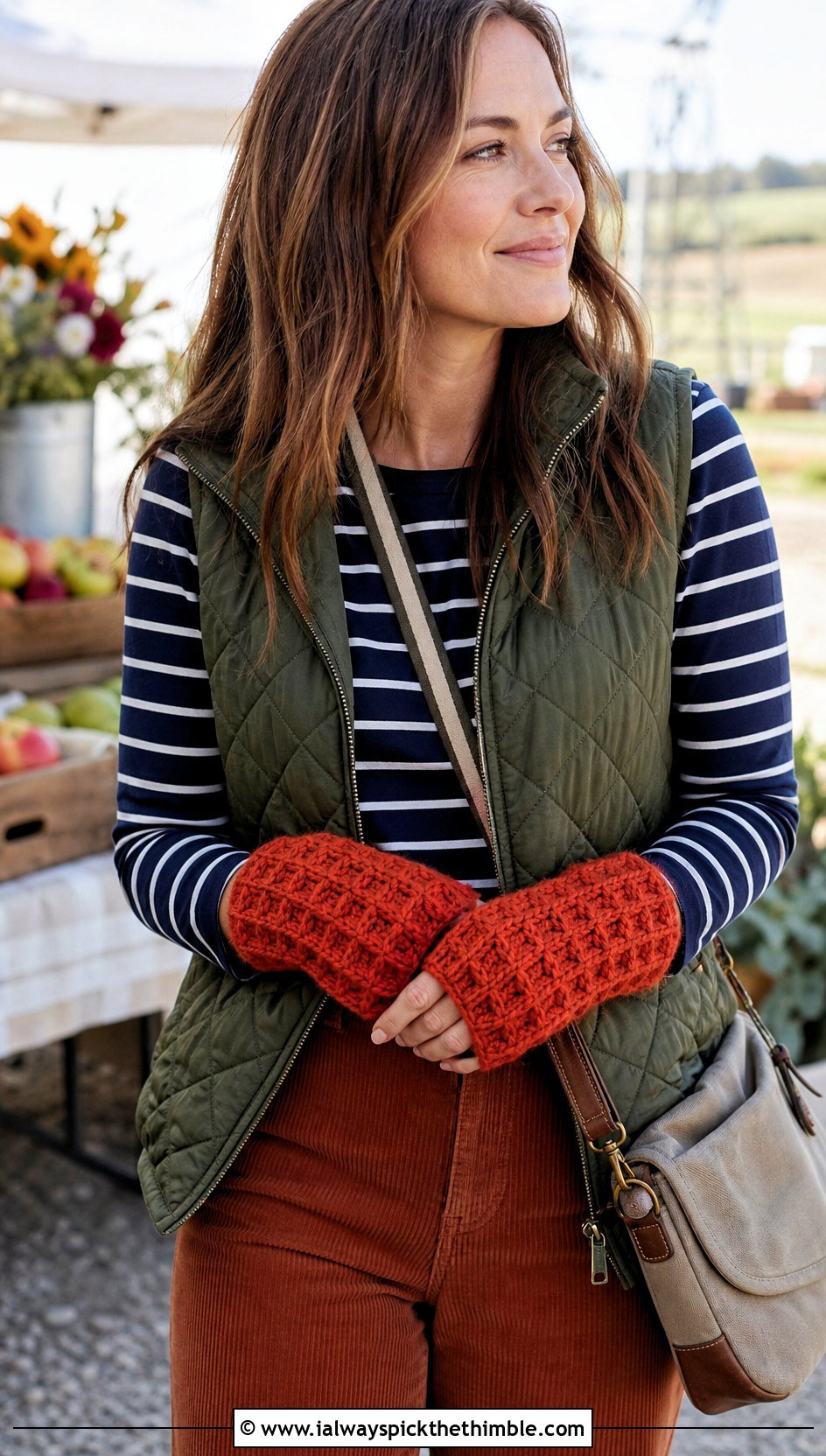Waffle Stitch Crochet Hand Warmers With Quilted Vest - 25 crochet hand warmers outfit ideas