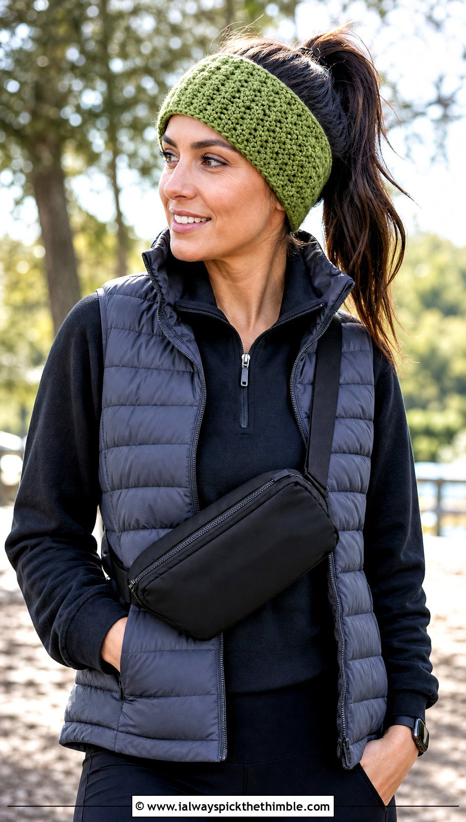 Waffle Stitch Crochet Headband Ear Warmer With Puffer Vest - 20 Crochet Headband Ear Warmers outfit ideas