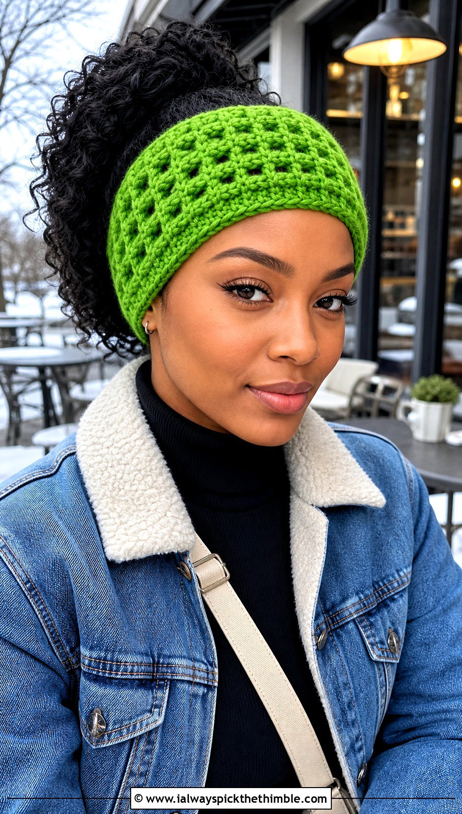 Waffle Stitch Crochet Headband With Denim Jacket - 25 winter crochet headband outfit ideas