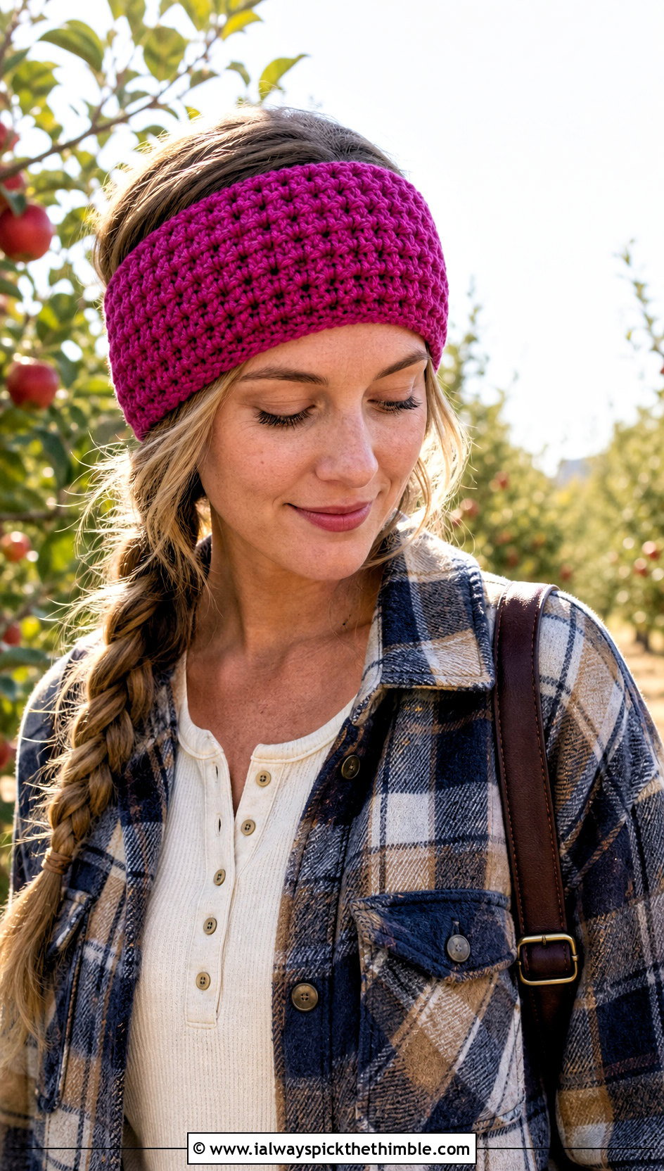 Waffle Stitch Crochet Headband With Plaid Shacket - 20 crochet fall headband outfit ideas