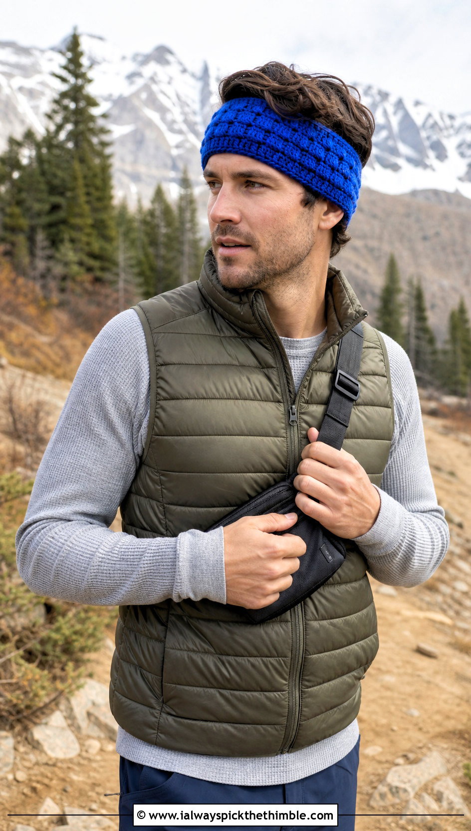 Waffle Stitch Crochet Headband With Puffer Vest - 20 men's crochet headband outfit ideas