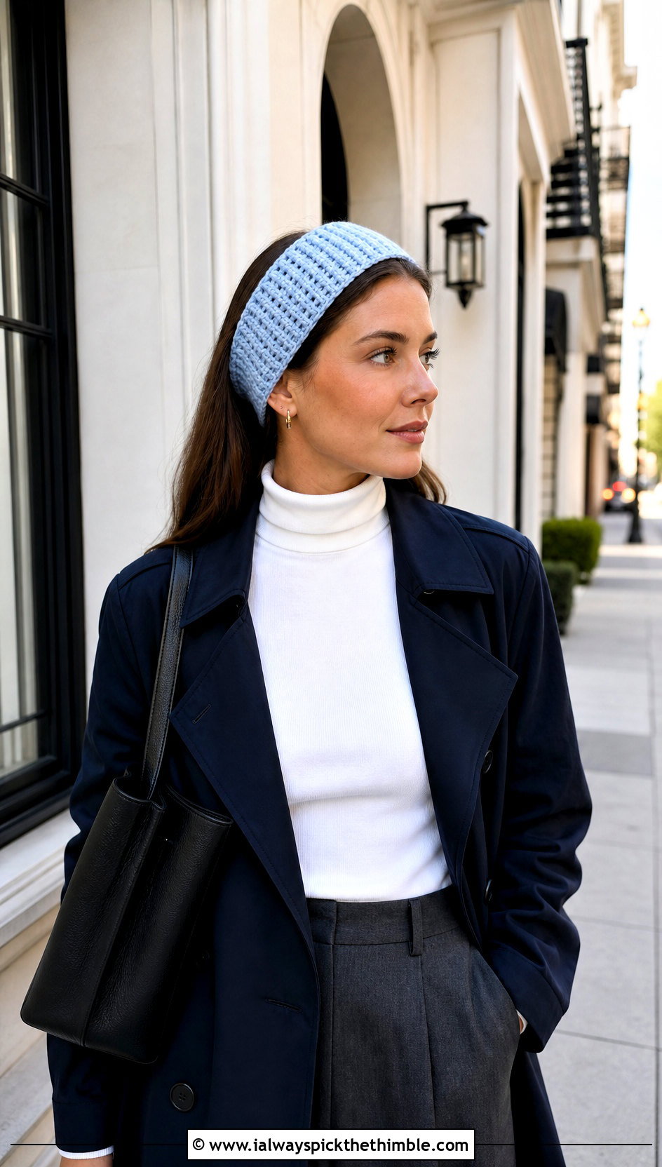 Waffle Stitch Crochet Headband With Trench Coat And Turtleneck - 25 simple crochet headband outfit ideas