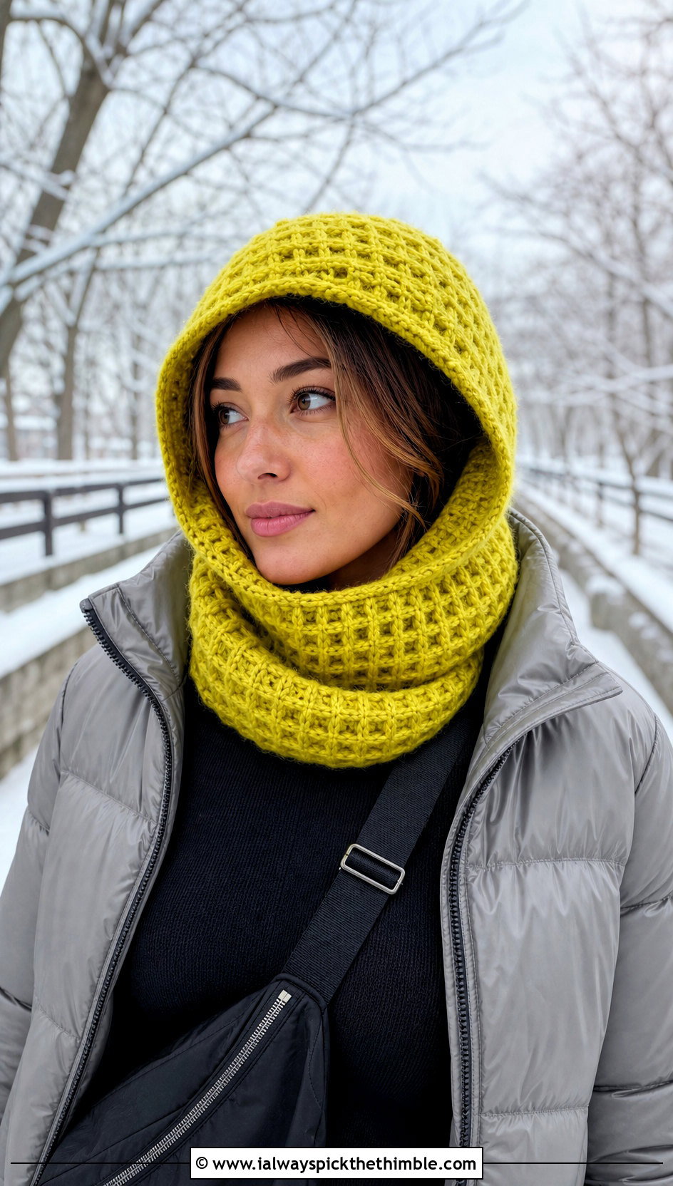 Waffle Stitch Crochet Hooded Cowl With Puffer Jacket - 25 crochet hooded cowl outfit ideas