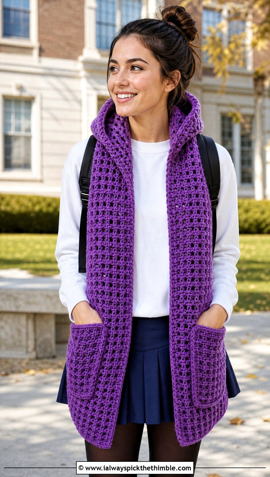 Waffle Stitch Crochet Hooded Pocket Scarf With Sweatshirt And Pleated Skort - 20 crochet hooded pocket scarf outfit ideas