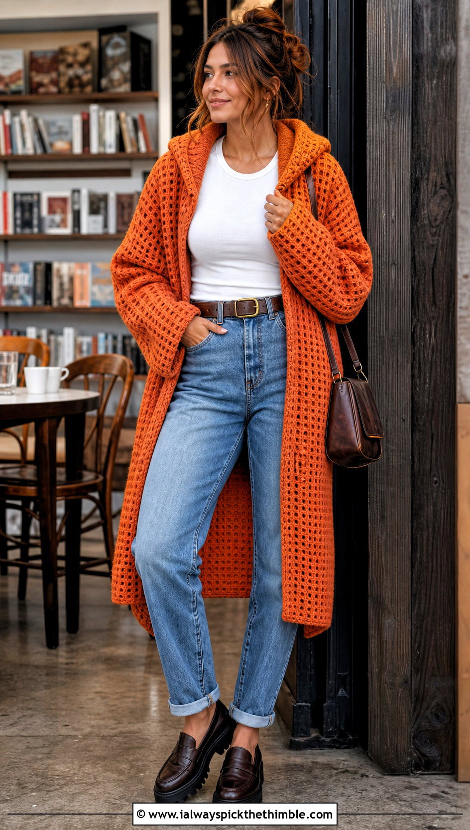 Waffle Stitch Crochet Hoodie Blanket With Mom Jeans - 20 crochet hoodie blanket outfit ideas