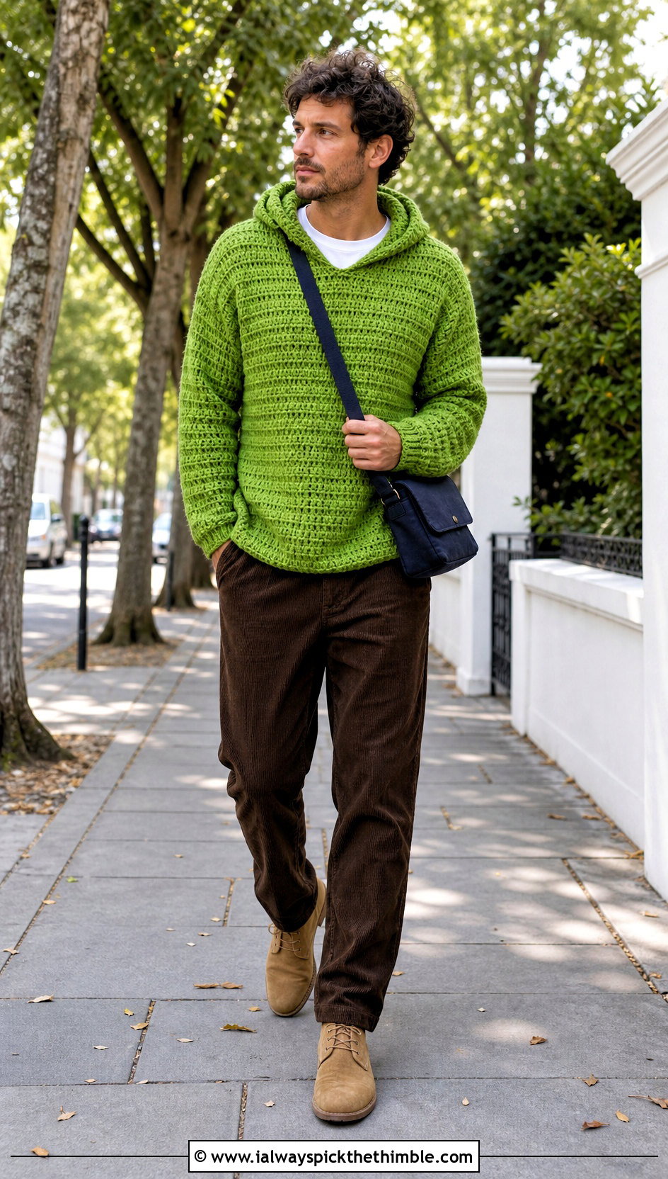 Waffle Stitch Crochet Hoodie With Corduroy Pants - 25 crochet hoodie for men outfit ideas