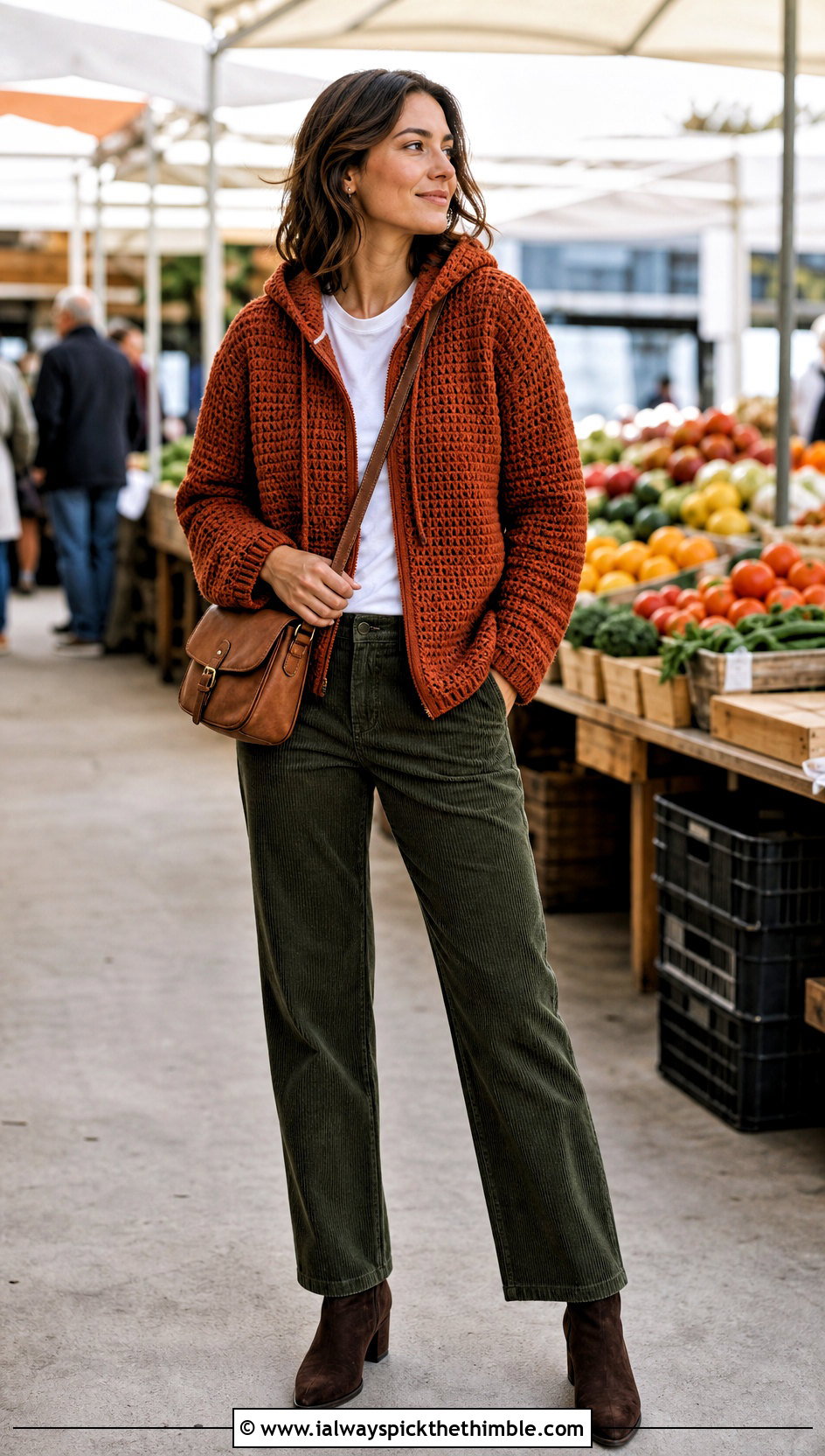 Waffle Stitch Crochet Hoodie With Corduroy Pants - 25 crochet hoodie outfit ideas