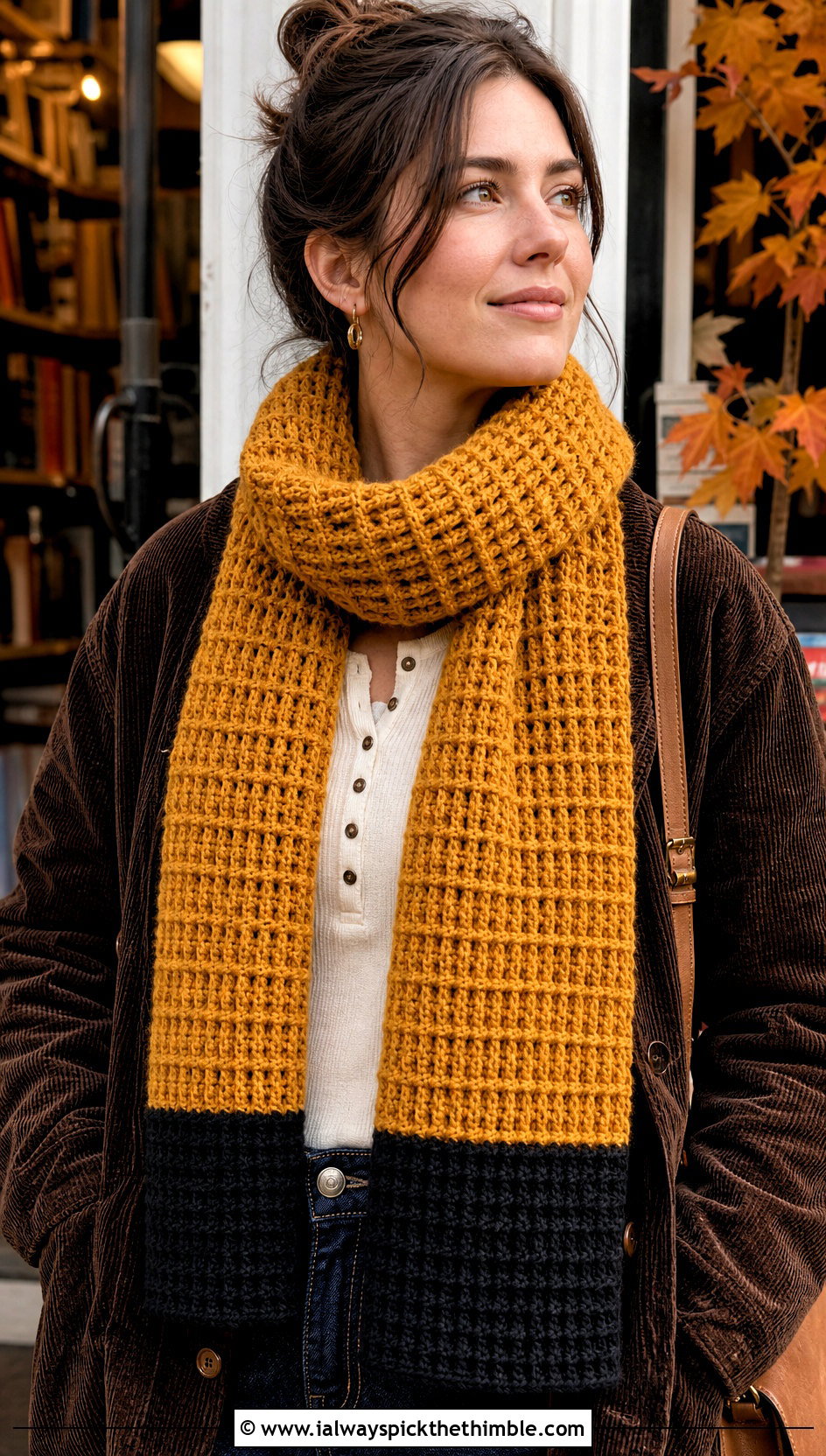 Waffle Stitch Crochet Hufflepuff Scarf With Corduroy Outfit - 20 crochet hufflepuff scarf outfit ideas