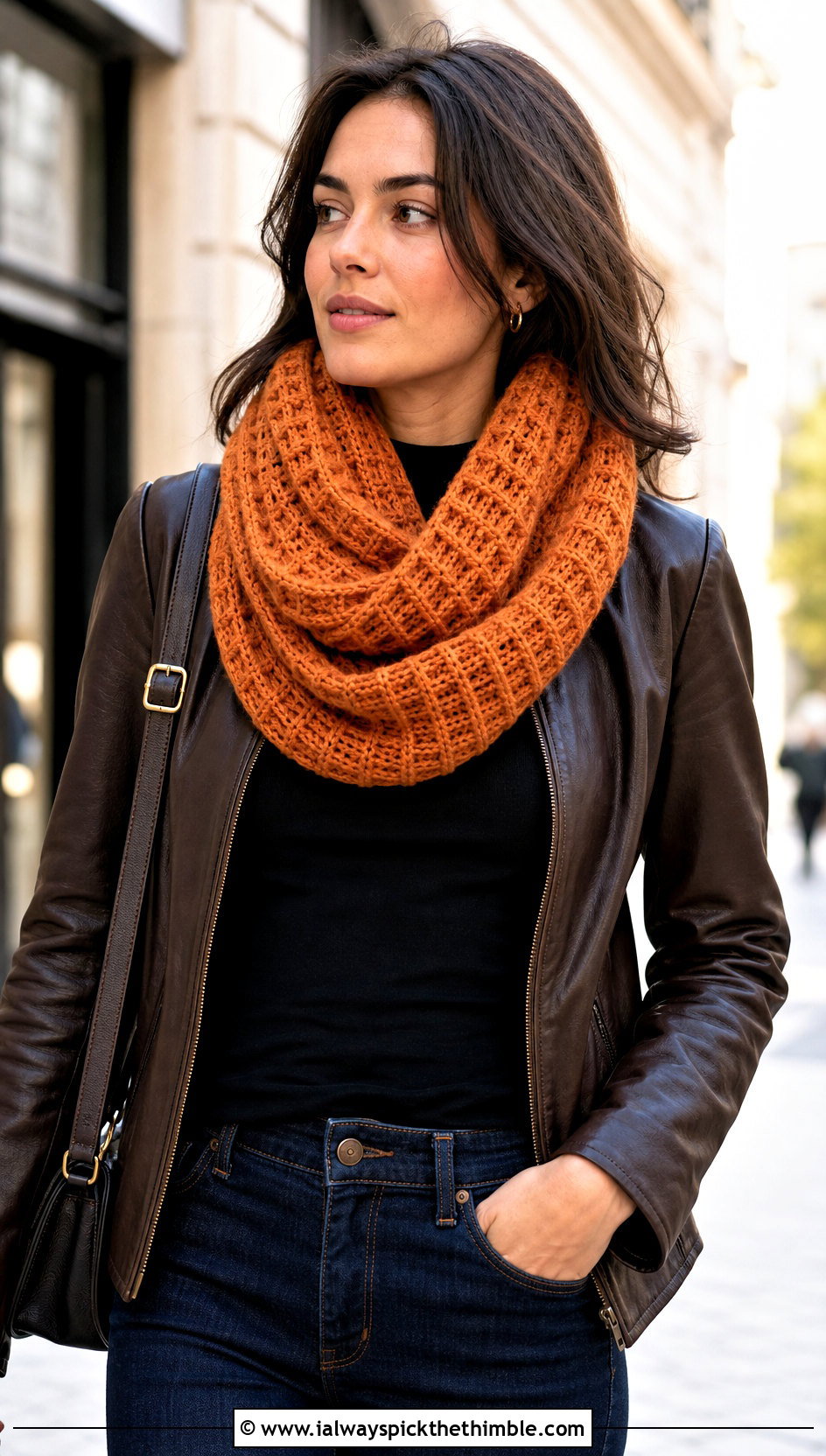 Waffle Stitch Crochet Infinity Scarf With Leather Jacket - 20 easy crochet infinity scarf outfit ideas