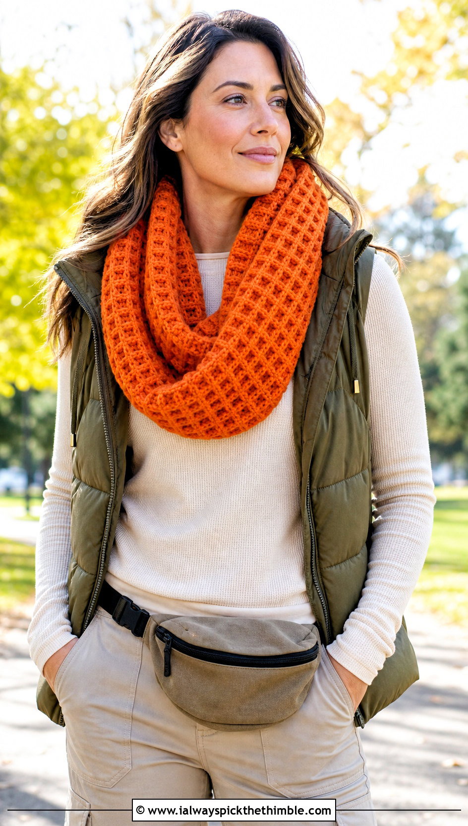 Waffle Stitch Crochet Infinity Scarf With Puffer Vest - 25 crochet infinity scarf outfit ideas