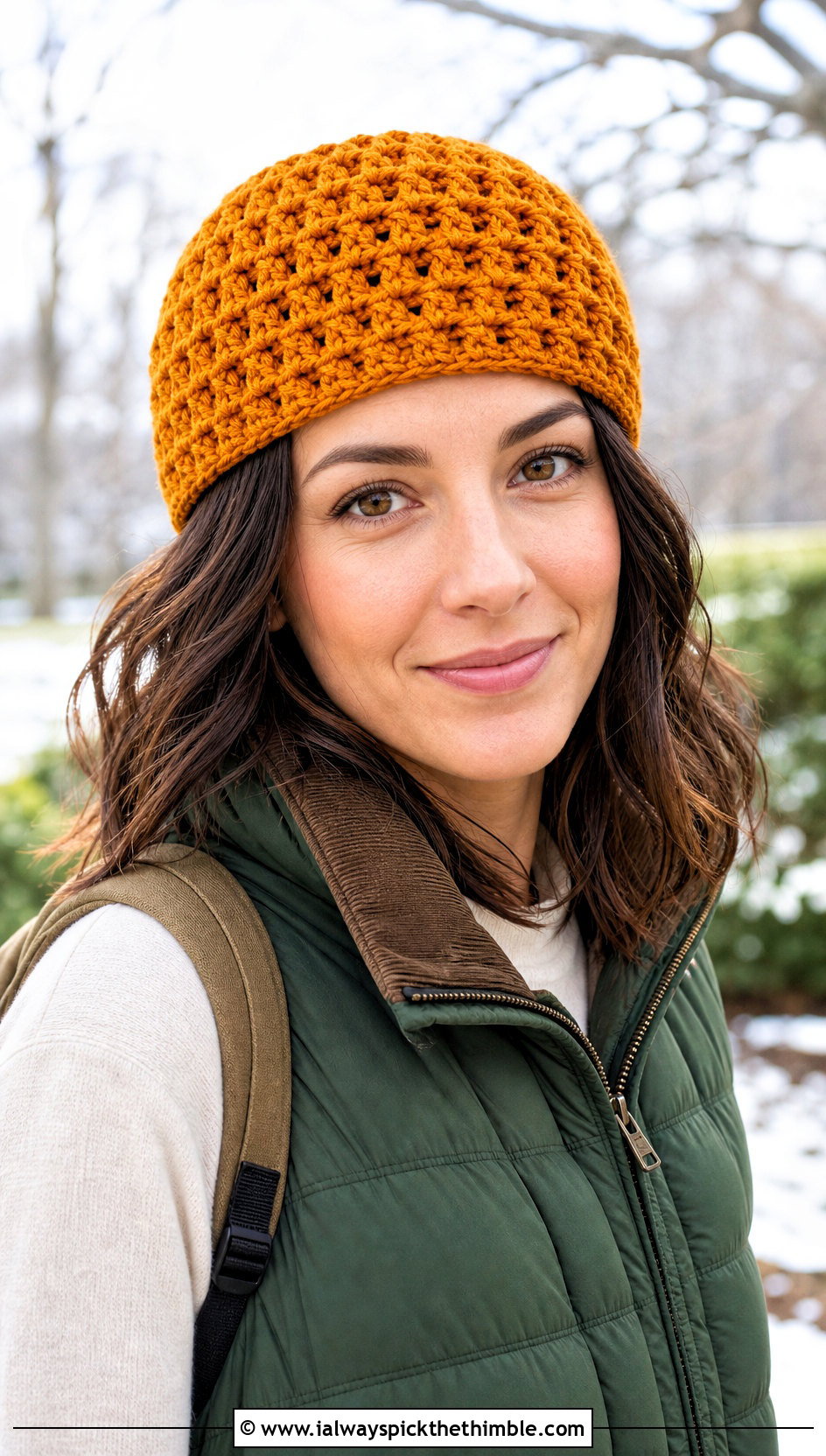 Waffle Stitch Crochet Kufi Hat With Puffer Vest - 25 crochet kufi hat outfit ideas