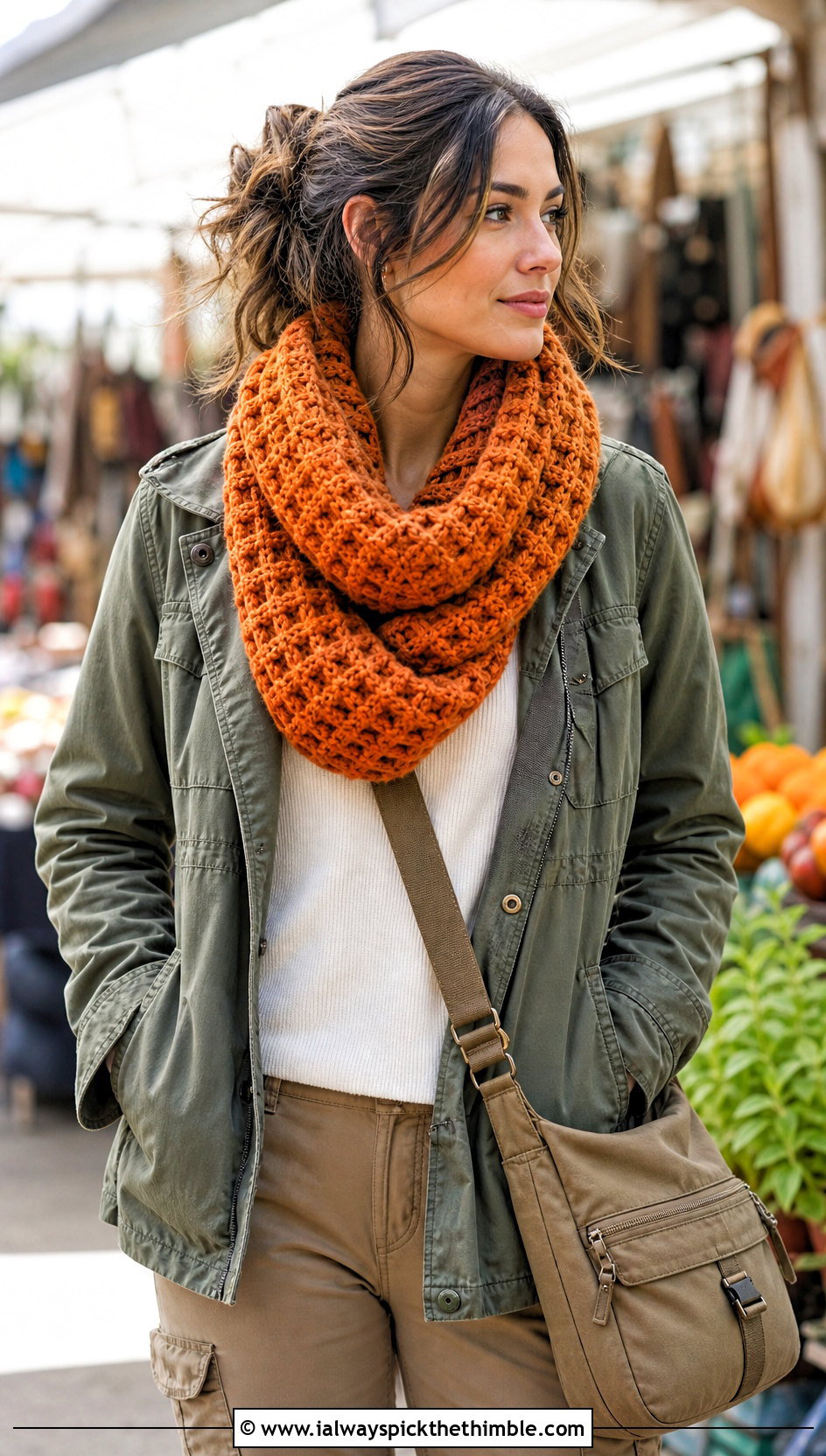 Waffle Stitch Crochet Loop Scarf With Utility Jacket - 20 Crochet Loop Scarf outfit ideas