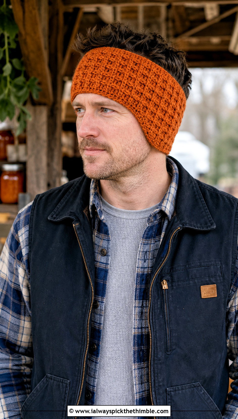Waffle Stitch Crochet Mens Ear Warmer With Flannel Shirt - 20 Crochet Mens Ear Warmer outfit ideas