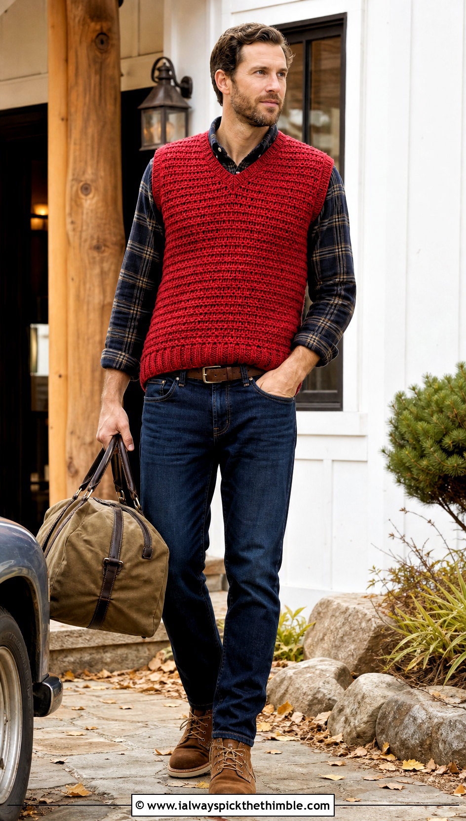 Waffle Stitch Crochet Mens Sweater Vest With Flannel Shirt - 20 Mens Crochet Sweater Vest outfit ideas