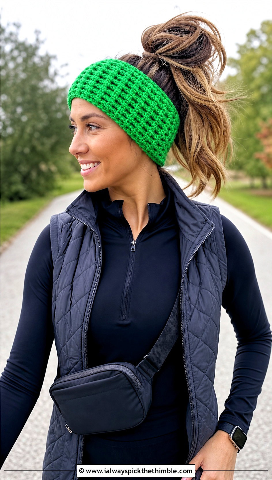Waffle Stitch Crochet Messy Bun Ear Warmer With Leggings - 20 Crochet Messy Bun Ear Warmer outfit ideas