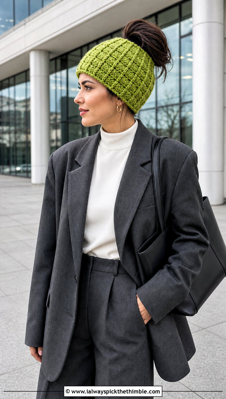 Waffle Stitch Crochet Messy Bun Hat With Elastic And Blazer - 20 Crochet Messy Bun Hat With Elastic outfit ideas