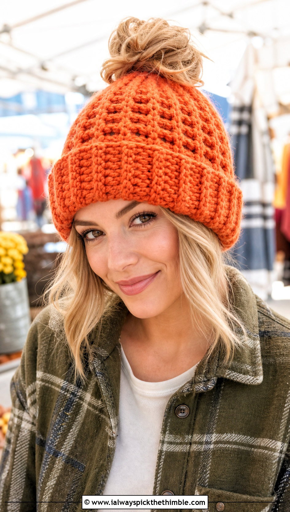 Waffle Stitch Crochet Messy Bun Hat With Shacket - 20 Crochet Messy Bun Hat Bulky Yarn outfit ideas