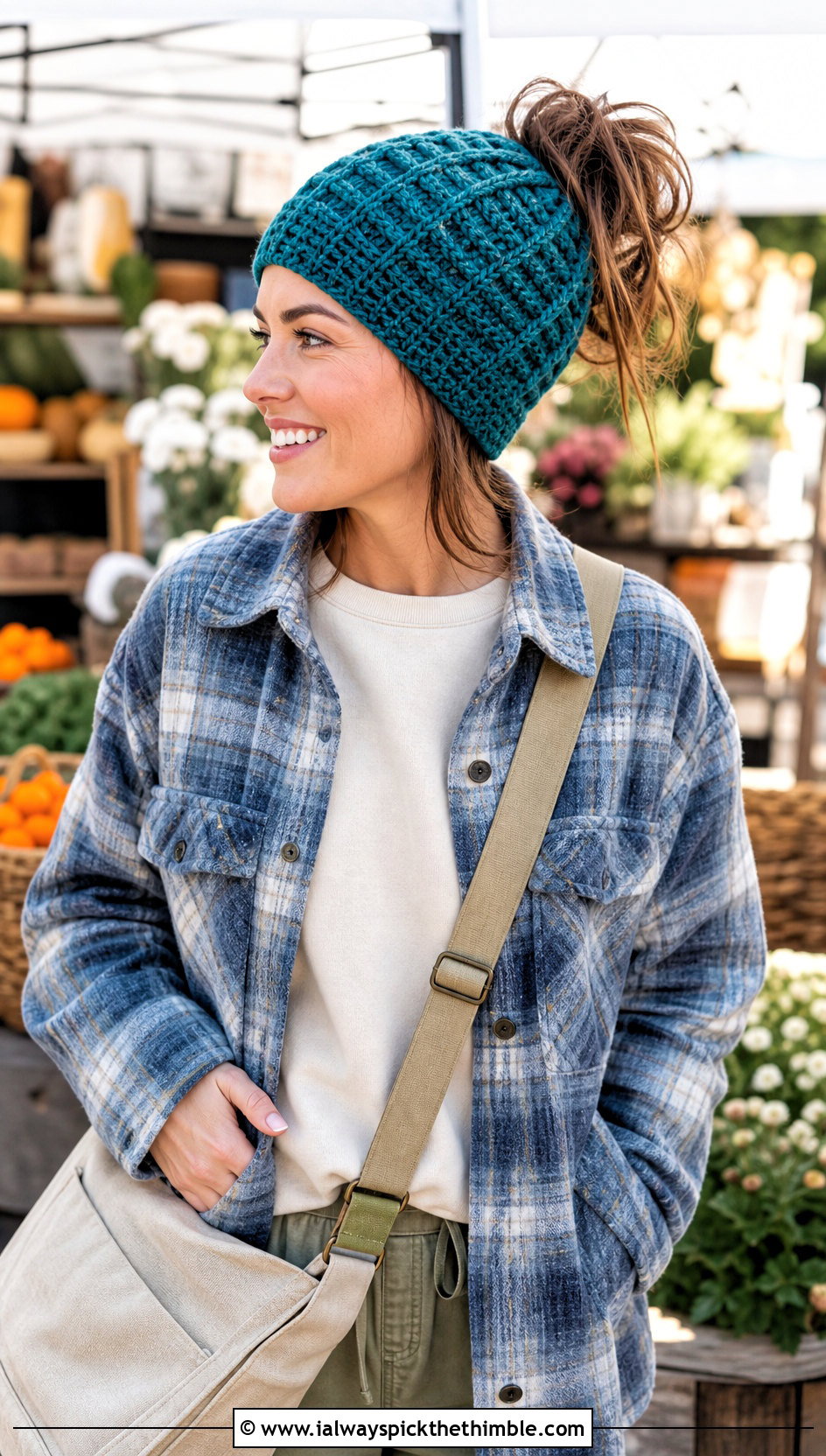 Waffle Stitch Crochet Messy Bun Hat With Shacket - 15 Easy Crochet Messy Bun Hat outfit ideas