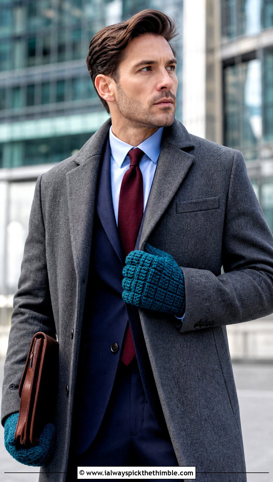 Waffle Stitch Crochet Mittens With Business Suit - 20 Crochet Mens Mittens outfit ideas
