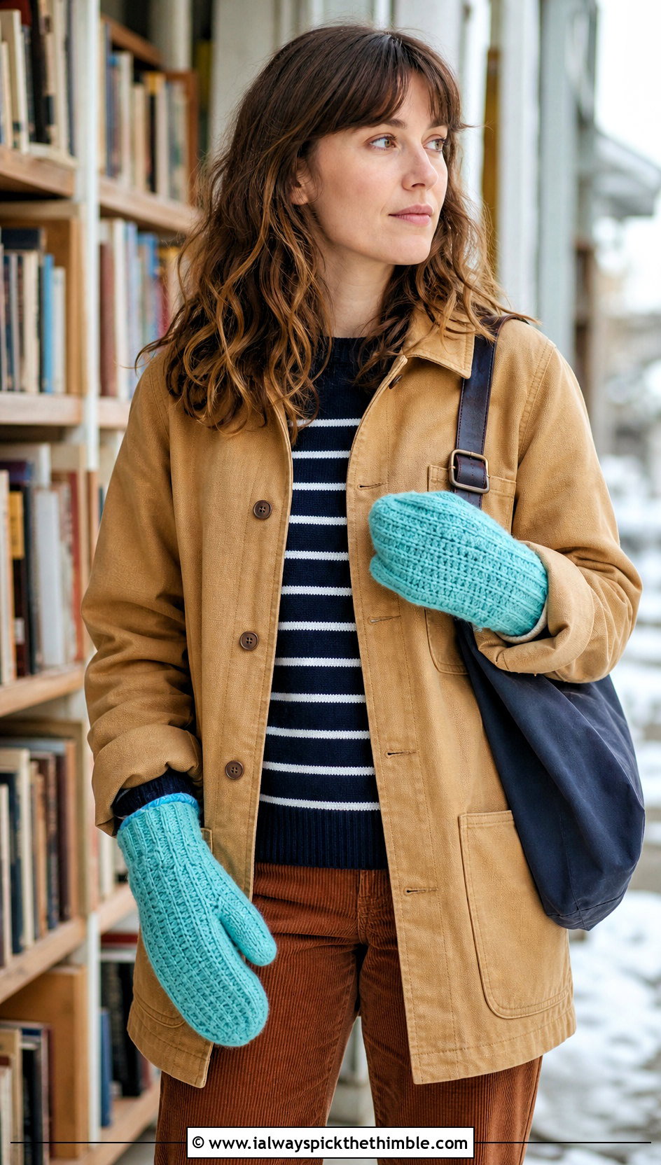 Waffle Stitch Crochet Mittens With Chore Coat - 25 easy crochet mittens outfit ideas